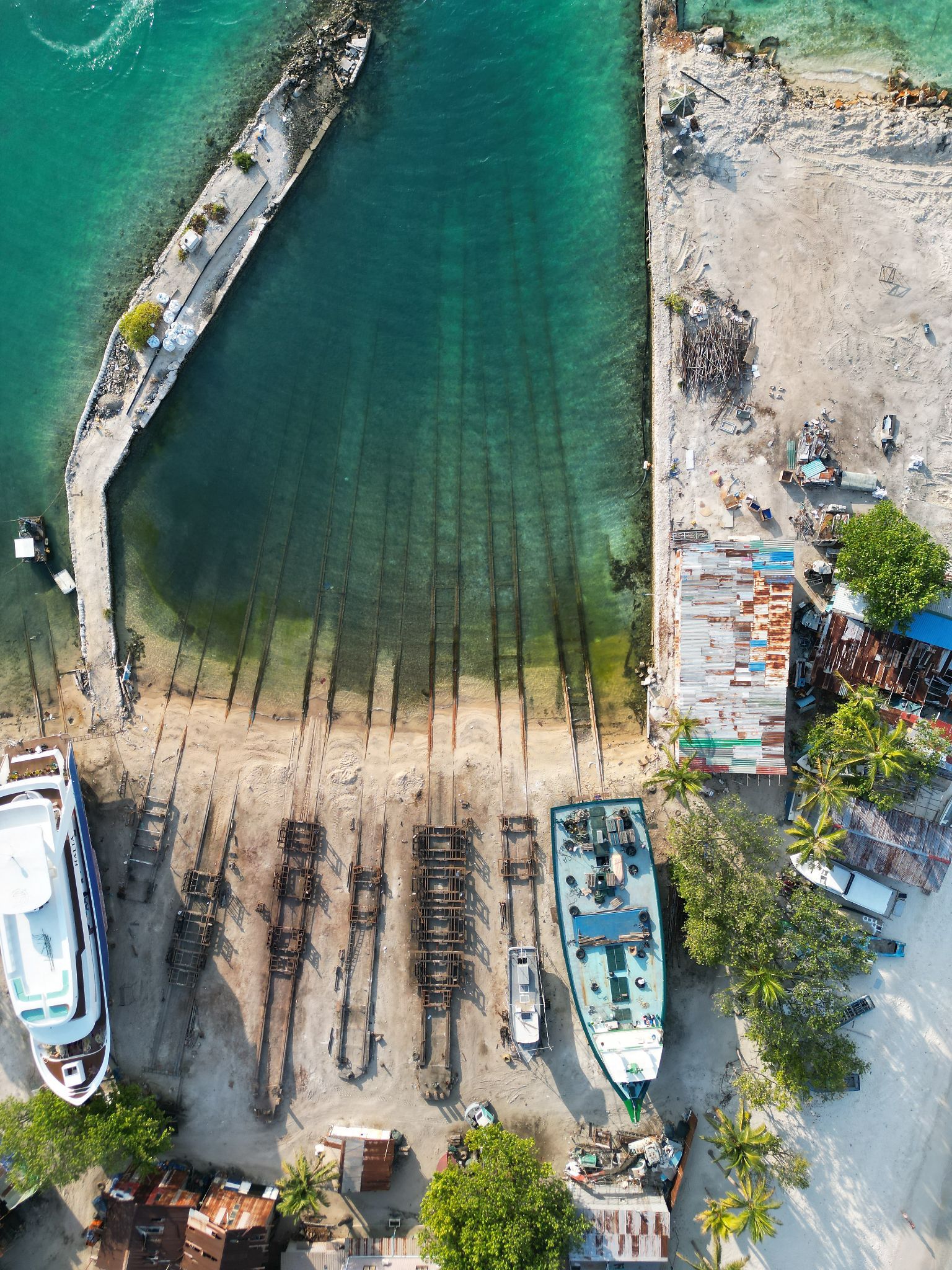 Aerial view of a Maldivian shipyard, where vessels of this class are built
