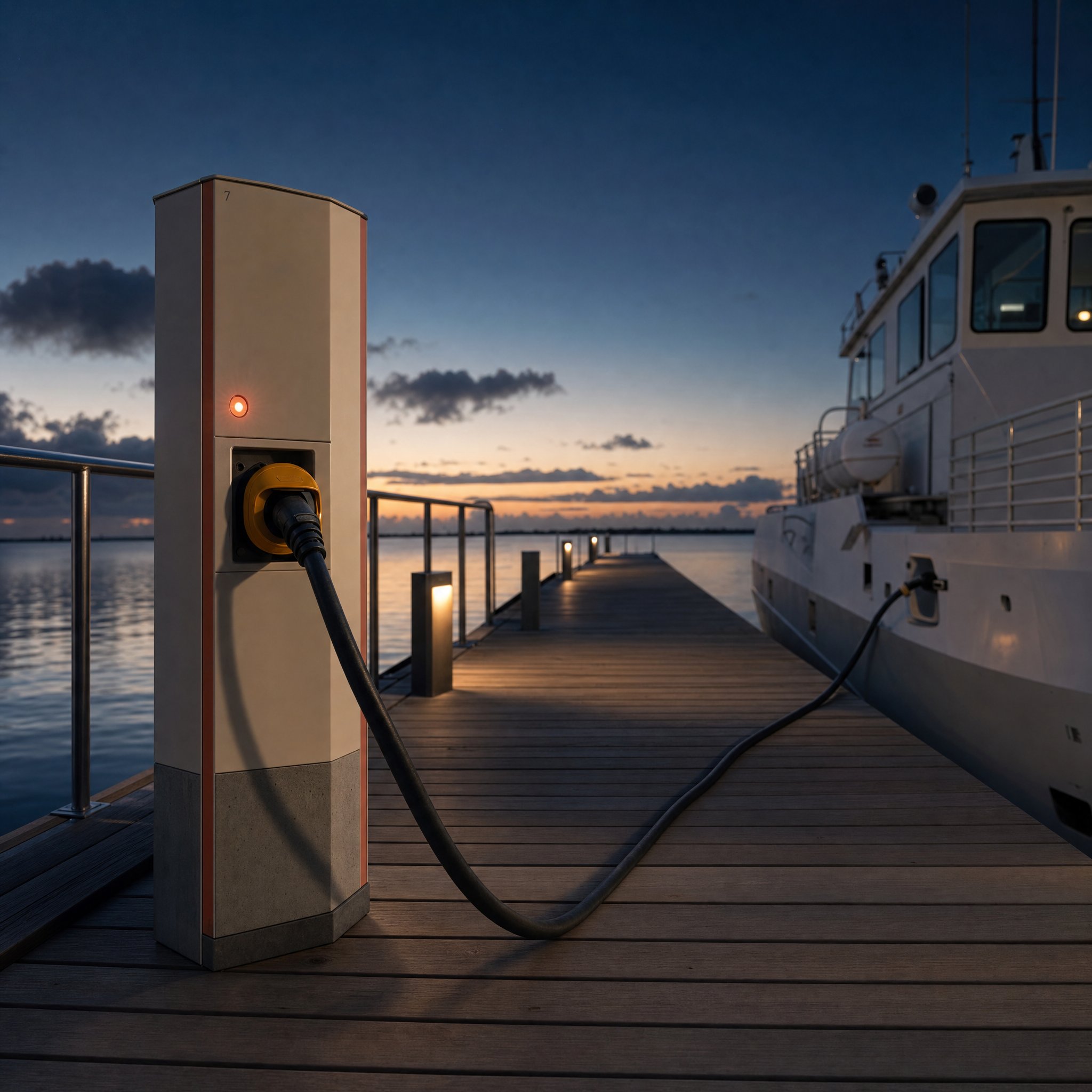 Shore charging pedestal connected to the vessel at the jetty