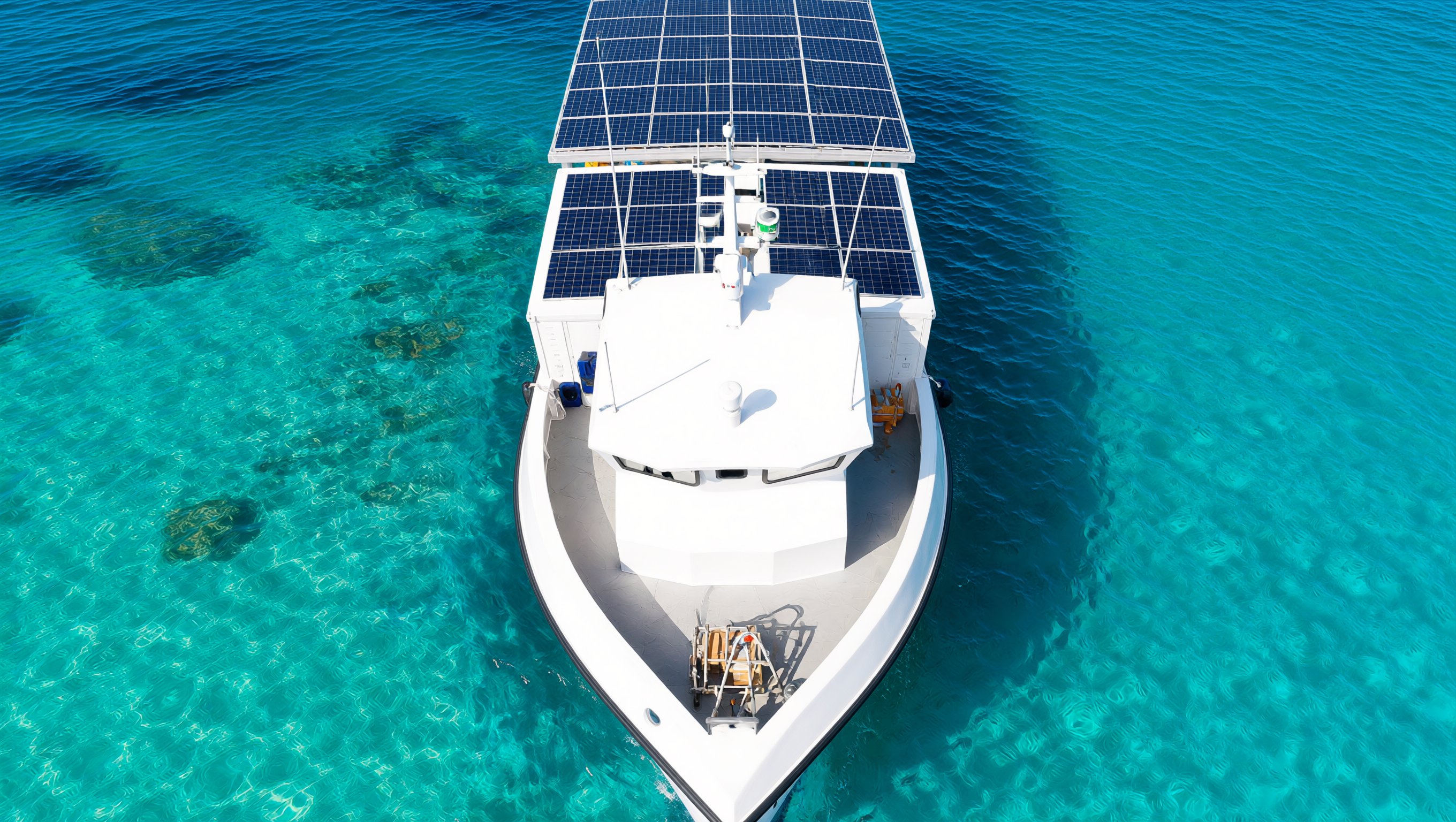 TheHybridDhoni hybrid-solar supply vessel from above, solar canopy in view
